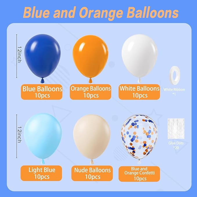 Blue and Orange Balloons, 60pcs 12 Inch Orange Blue White Nude Latex Balloon with Confetti Balloons Ribbon for Baby Shower Graduation Blue Birthday Party Decorations