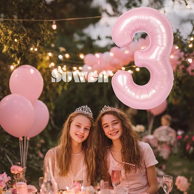 SUWEN 40 Inch Pink Large 3 Number Balloons Big Foil Helium Number Balloons 0-9 Jumbo Happy 3rd Mylar Birthday Party Decorations for Girl Anniversary Party Supplies