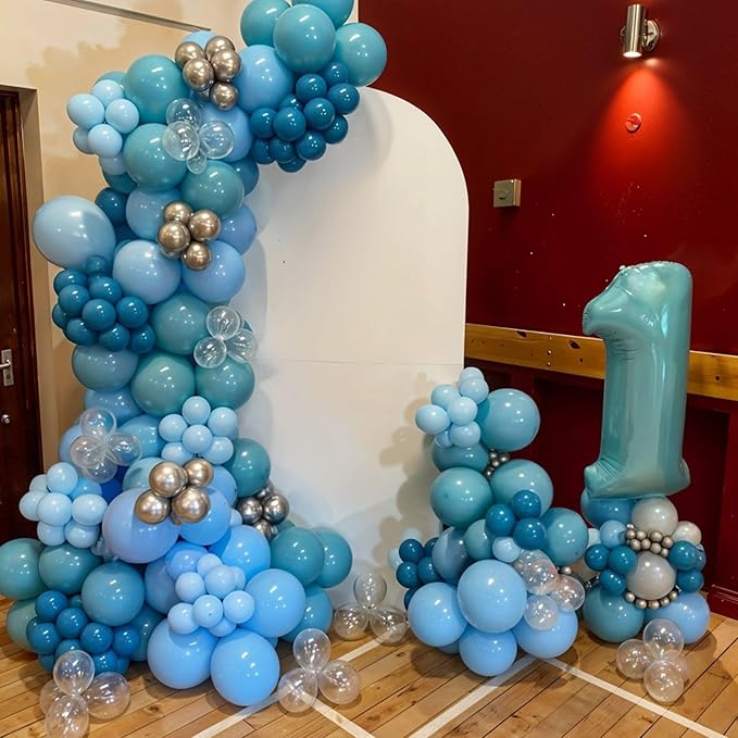 Ocean Balloons, 12 Inch Dark Light Blue Teal Clear Pearl Transparent Metallic Latex Balloons for Boys Girls Ocean Themed Party Decorations Sea Theme Pool Party Baby Shower Beach Backdrop Supplies