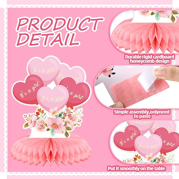 Pickmesh 12 Pcs Pink Baby Shower Decorations Honeycomb Centerpieces for Girls Floral It's a Girl Gender Reveal Table Centerpiece Party Supplies Baby Girl Pregnancy Announcement Table Topper