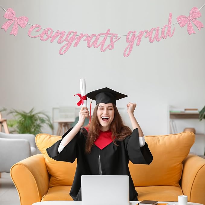 Pink Glitter Congrats Grad Banner, Congrats 2026/Class of 2026/So Proud of You, 2026 Graduation Party Decorations Supplies