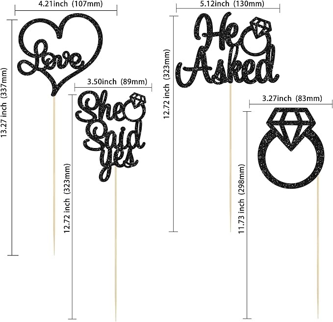 Gyufise 12Pcs He Asked She Said Yes Centerpiece Sticks Double Sided Love Heart I Do Ring Table Centerpiece Sticks for Wedding Engagement Bridal Theme Party Supplies Black