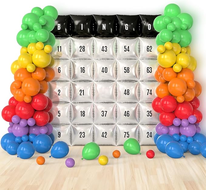102Pcs Bingo Game Party Balloons Garland Arch Kit Black Gold and Silver Double Sided Square Foil Balloon Wall Backdrop with Colorful Latex Balloons & Letter Sticker for Bingo Party Birthday Decoration