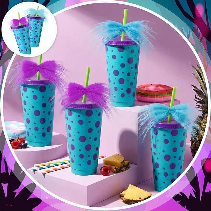 12 Sets Monster Party Supplies 24 oz Reusable Monster Themed Party Plastic Cups and Fur Plush Purple Blue Bows Bulk Cartoon Themed Drinking Cups for Girl Boy Birthday Baby Shower Decorations