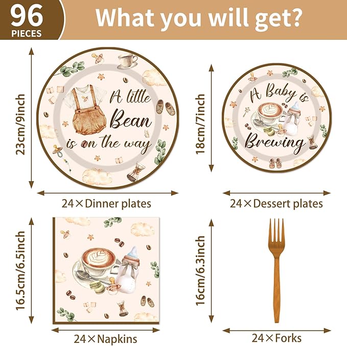 96Pcs Coffee Theme Baby Shower Tableware Set - Coffee A Baby Is Brewing Paper Plates Napkins Forks A litte Bean Is On The Way Gender Reveal Party Supplies Serve 24 Guests