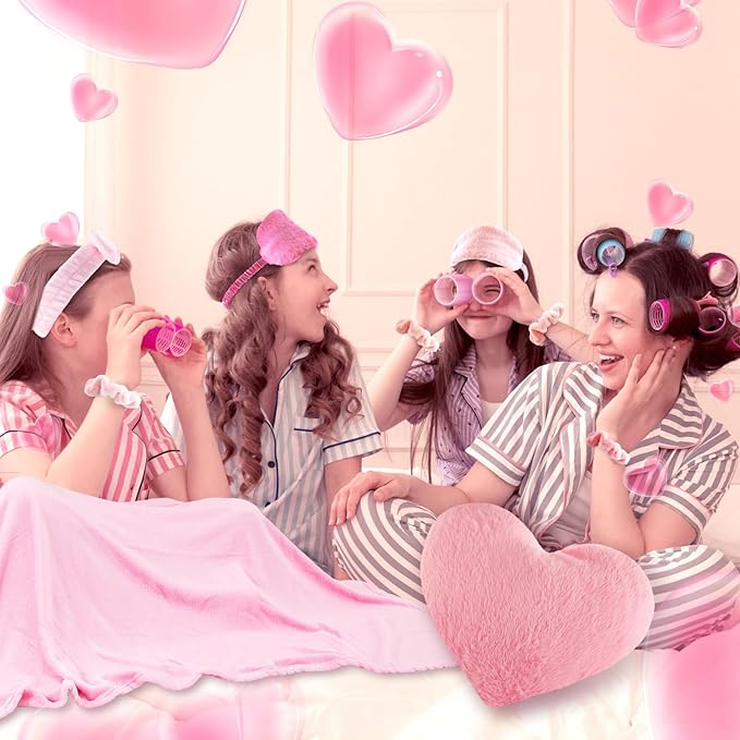 36 Pcs Sleepover Party Supplies for Girl Spa Slumber Birthday Favors Throw Blanket Pillow Eye Mask Headband Scrunchies (Solid Color,Princess Pink)