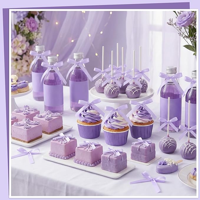 30 Pack Bow Cake Toppers Purple Ribbons Bows for Cake Bow Cupcake Toppers Purple Bow Birthday Decorations for Baby Shower Birthday Wedding Party Supplies