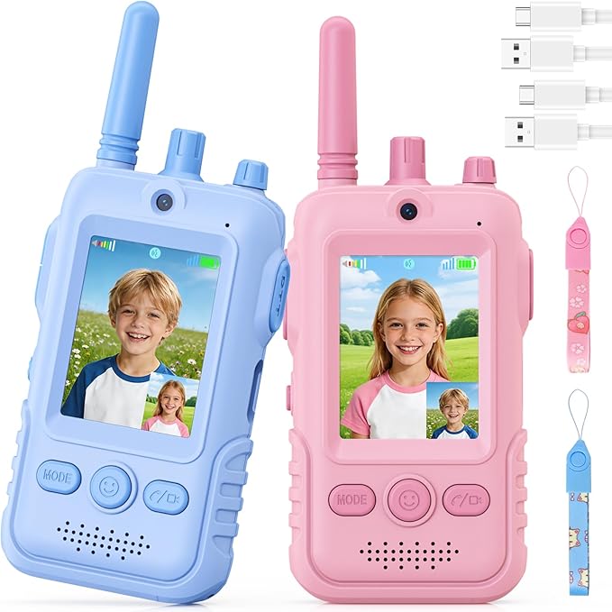 Walkie Talkies for Kids, 2 Pack Rechargeable Video Intercom Kids Walkies Talkies, Indoor Outdoor Toys Gifts for Family Games, Outside, Camping, Hiking for Boys Girls Ages 3-6(Pink+Blue)
