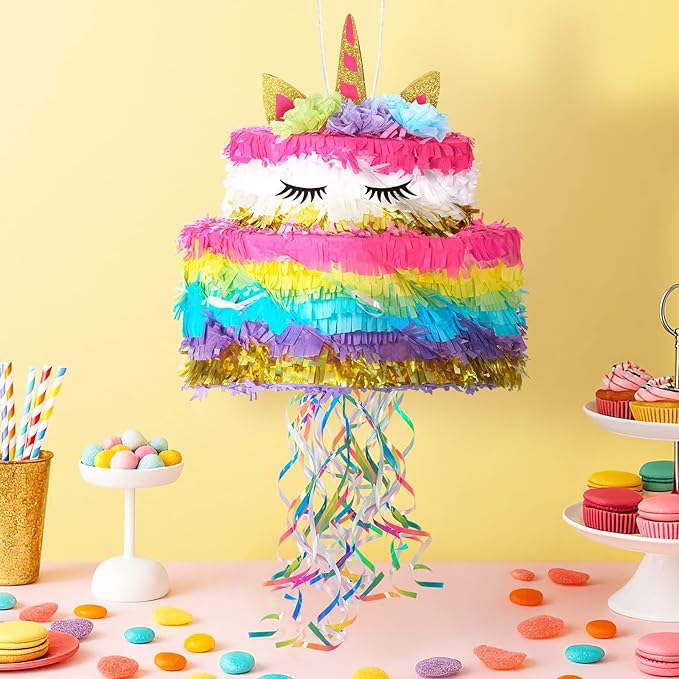 WERNNSAI Unicorn Cake Piñata Foldable - Unicorn Party Decorations Pink Girl Birthday Party Games Princess Piñata with Blindfold Bat and Tassels Happy Birthday Supplies for Kids Girls Classroom Game