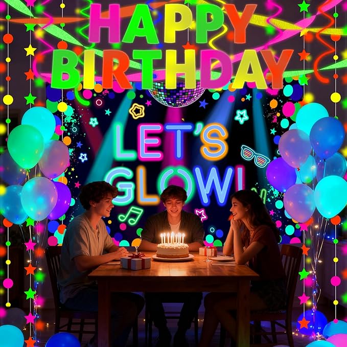 Glow in the Dark Party Supplies - Let’s Glow Backdrop, UV Banner, Balloons, Paper Streamers, Neon Garland for Blacklight Neon Birthday Party Decorations