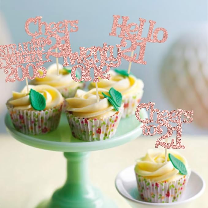 Ephlyn 24Pcs 21st Birthday Cupcake Toppers Glitter Straight Outta 2005 Cupcake Picks Hello 21 Cheers to 21 Years Cake Decorations for 21st Birthday Anniversary Party Decorations Supplies Rose Gold