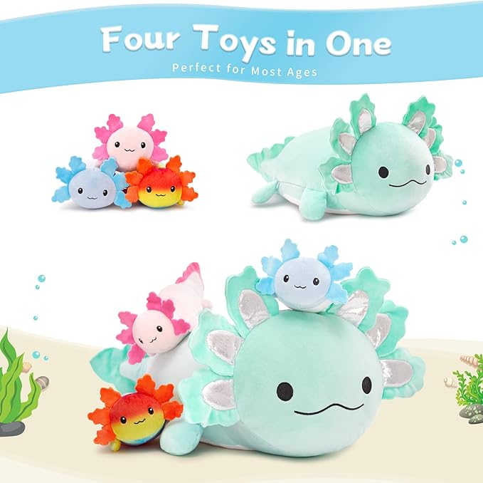 4Pcs Axolotl Plush, Large Salamander Stuffed Animal Mommy 24" with 3 Babies in Tummy, Plushie Pillow Gifts for Kids