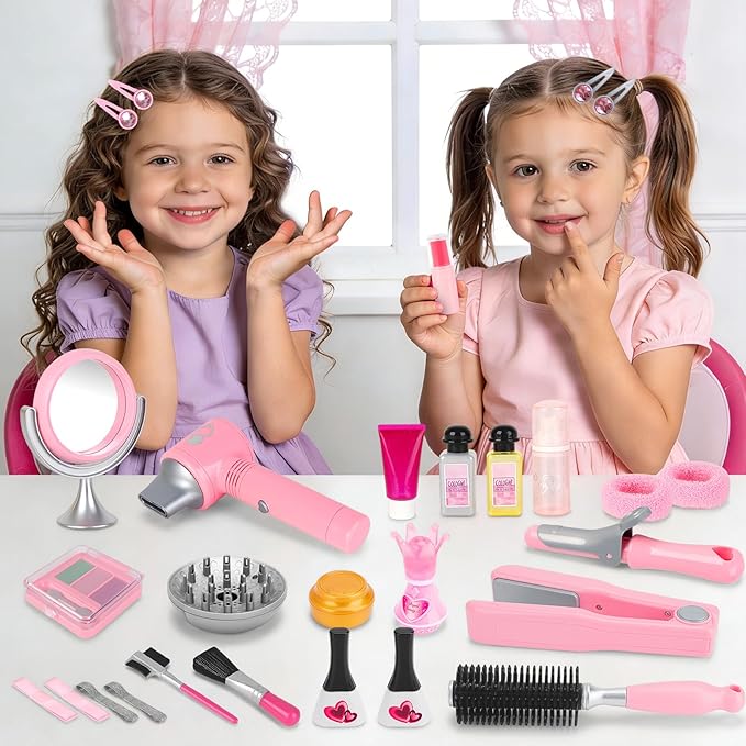 deAO Hair Salon Toys for Girls Beauty Salon Set Kids Pretend Hair Styling Set with Hairdryer, Mirror, Curling Iron and Stylist Accessories for Toddler Makeup Party Christmas (Fake Makeup)