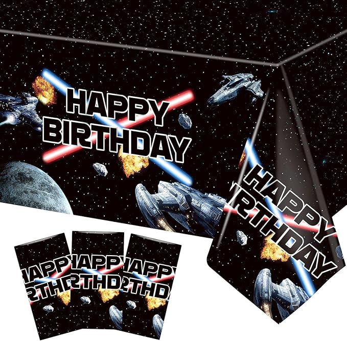 3 Pieces Space Battleship Wars Themed Birthday Party Decorations Tablecloth, Large Size 54 x 108 Inch Rectangular Plastic Table Cloth Star Galaxy Universe Starship for Boys Kids Party Decorations