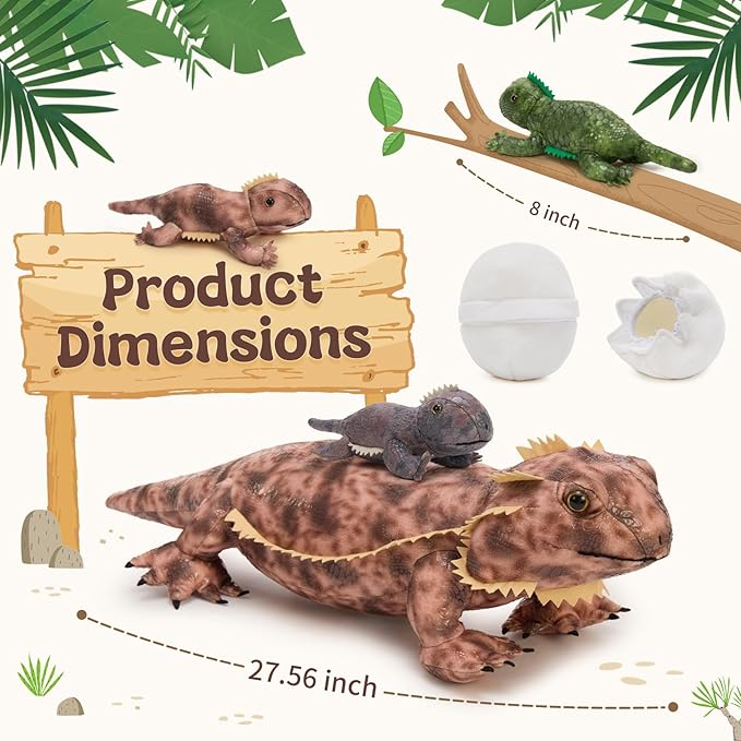 6 Pcs Bearded Dragon Lizard Stuffed Animal, Large Yellow Iguana Plush Toy 28" with 3 Babies, Reptile Gift Set for Boys Girls Kids