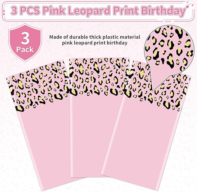 Grencian 3Pcs Cheetah Print Tablecloth Pink Leopard Print Table Cover Plastic Rectangle Leopard Table Cloth for Jungle Safari Animal Cheetah Birthday Baby Shower Party Decorations, 54 x 108 inch