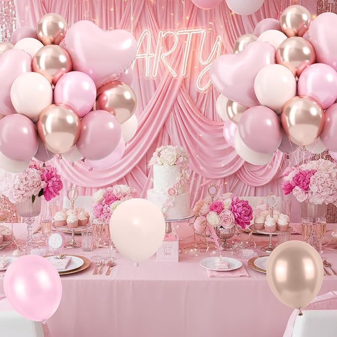 Dusty Pink Balloons, 12 Inch Double Stuffed Dusty Blush Pearl Baby Pink Cream Beige Latex Balloons with Heart Foil Balloon for Girls Women Boho Birthday Bachelorette Wedding Party Decoration