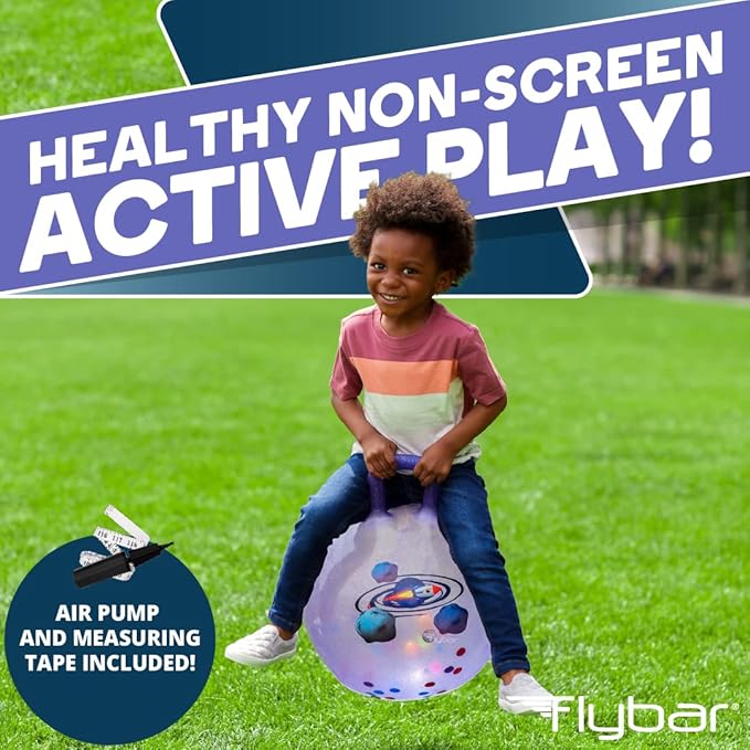 Flybar Hopper Ball for Kids, Inflatable Bouncy Ride-On Ball w/Handle for Indoor & Outdoor Active Play, Includes Pump, Jump Ball Toy for Boys & Girls, Supports Up to 165 lbs, Ages 3+, 18-Inch, Small