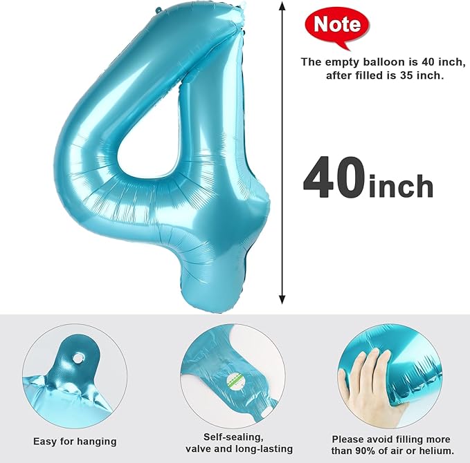 40 Inch Large Numbers Balloon, 4 Pastel Blue Ballon for 4th 14 40 44 Birthday Party, Balloon 4 Number for Graduations Wedding Supplies