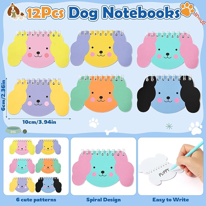 Dog Party Favors for Kids 12Set Paw Print Puppy Party Favors with Mini Notebooks Pens Dogs Figures Slap Bracelets, Boys Girls Birthday Gift Goodie Bags Stuffer Dog Themed Party Supplies Decor