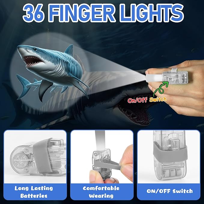 36Pcs Shark LED Finger Lights Under the Sea Party Favors Glow in the Dark Light Up Finger Lights Ocean Animal Themed Toys Bulk for Birthday Party Goodie Bag Stuffer Birthday Gifts Classroom Prize