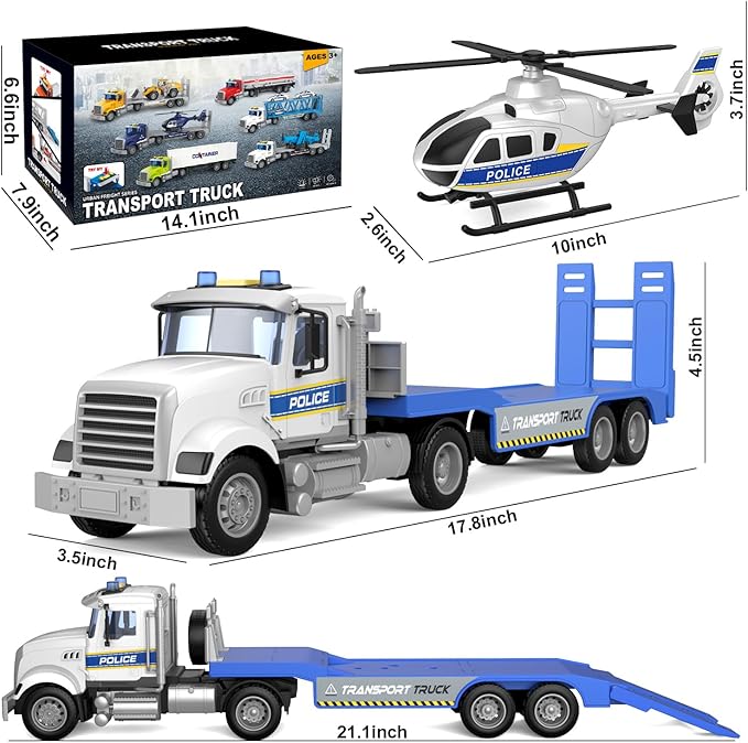 Toddler Boy Toys for 3 4 5 6 Year Old, 22” Semi Truck Toy with Helicopter - Police Toys, Birthday Gifts for Kids Child 3+ Years Old