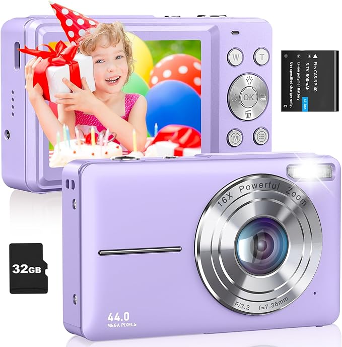 Digital Camera Small Camera for Photography Digital Point and Shoot Cameras with FHD 1080P, 32GB Card, 16X Zoom Anti Shake Kids Camera, Purple