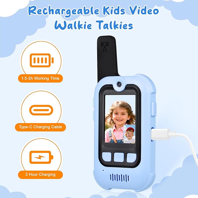 Video Walkie Talkies for Kids 2 Pack, 1000 Feet Long Range Video, Rechargeable Kids Walkie Talkies with Voice Changer Cute Stickers, Indoor Outdoor Gifts Boys Girls Ages 3-12 Camping Hiking Travel