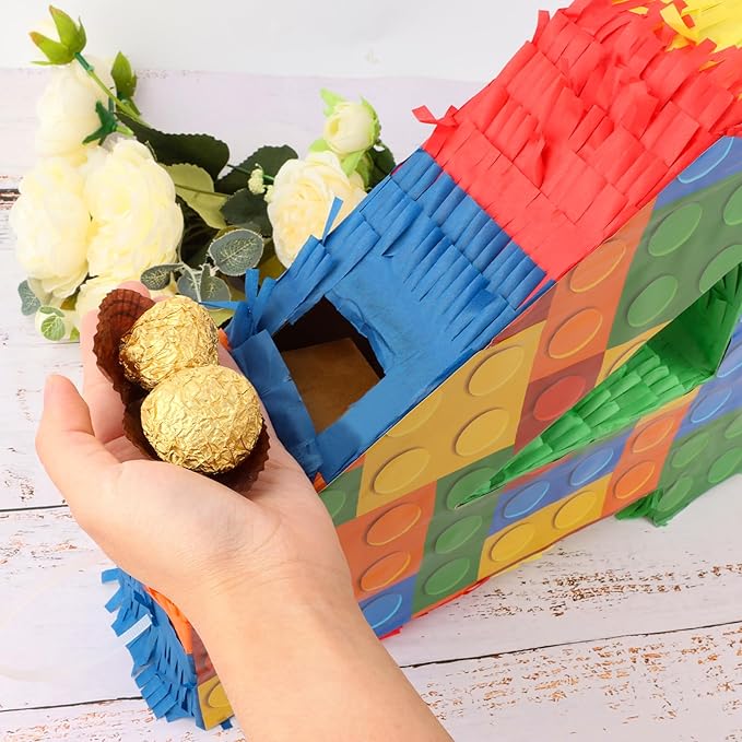 Hooqict Building Blocks 4th Birthday Party Decorations Number 4 Pinata with Pinata Stick & Blindfold for Kids Girls Boys Happy Birthday Building Block Theme Party Supplies Carnival Games