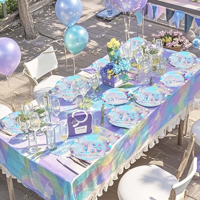 96Pcs 13th Birthday Decorations Iridescent 13th Party Plates and Napkins Disposable 350GSM Official Teen Birthday Tableware Set for Teen Girls Happy 13 Year Old Party Supplies, Serves 24