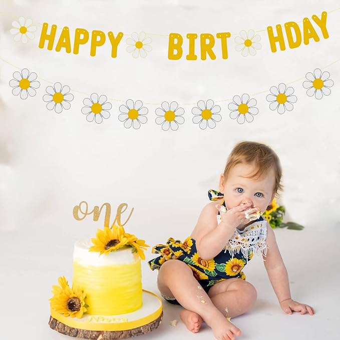 Zwiebeco Yellow Daisy Flower Happy Birthday Party Decoration Sign Banner Bunting Garland Hanging Paper Kit for Kids Adults Groovy Hippie Theme Accessories Supplies
