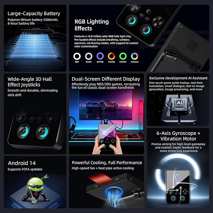 Anbernic RG477V Retro Handheld Game Console , 4.7 Inch Touch Screen Android 14 System Support WiFi 6E Bluetooth 5.3 Dimensity 8300 Processor 8+128GB(Black)