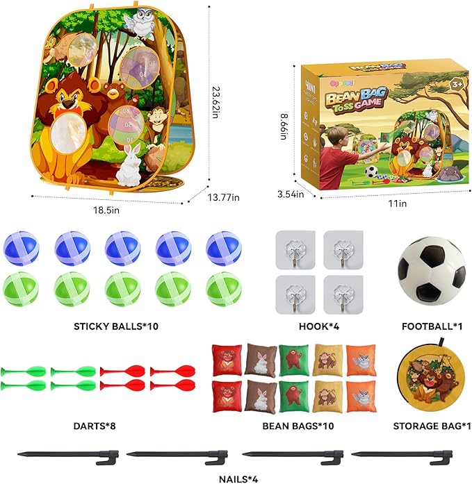 4-in-1 Animal Bean Bag Toss Game for Kids, Cornhole Board Set with Dart Board for Toddler Outdoor Toys, Family Party Game Backyard Beach Lawn Activities Gift for Boys & Girls Ages 3 4 5 6 7 8
