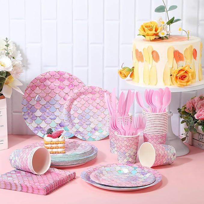 168 Pcs Mermaid Birthday Party Decorations Plates Set for 24 Guests, Little Mermaid Party Supplies Ocean under the Sea Party Plate Napkins Knives Forks Spoons Cups for Princess Girls