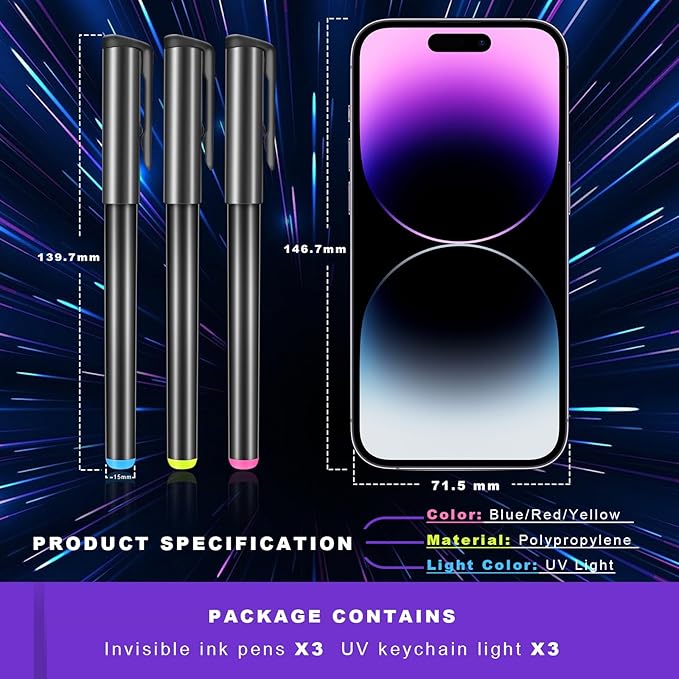 Invisible Ink Pen, Spy Pen with 3 PCS Mini UV LED Keychain Flashlight, Disappearing Ink Magic Pens with Black Light Markers for Secret Notes, Fit for Christmas Halloween Holiday Gifts (3 PCS)