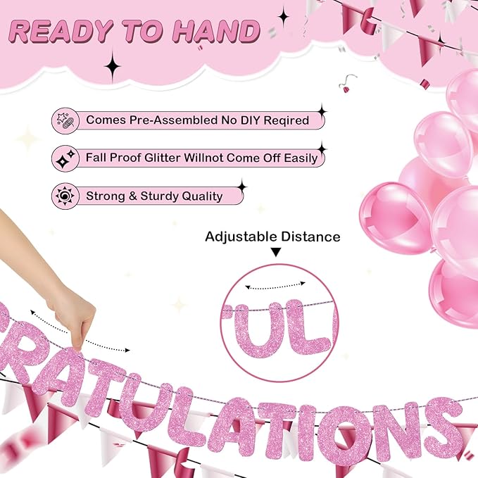 Fulmoon Pre Strung Congratulations Quitter Glitter Banner Funny Retirement Banner Graduation Party Decorations Going Away Supplies Garland for Men Women Gifts, No DIY (Pink)