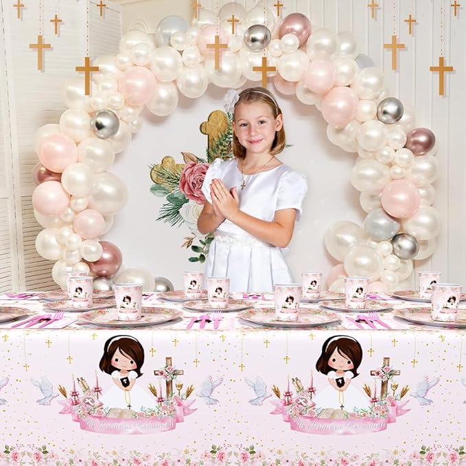 194 Pcs Pink Mi Primera Comunion Party Supplies Decorations for Girl Pink First Holy Communion Party Decorations Disposable Tableware Set with Plates Napkins and Tablecloth Serves 24 Guests