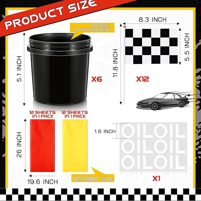 48 Pcs Race Car Party Decorations 6 Sets Racing Table Centerpieces Including 12 Checkered Flags 6 Plastic Drums 6 Oil Stickers 24 Tissue Papers for Race Car Themed Birthday Party Supplies