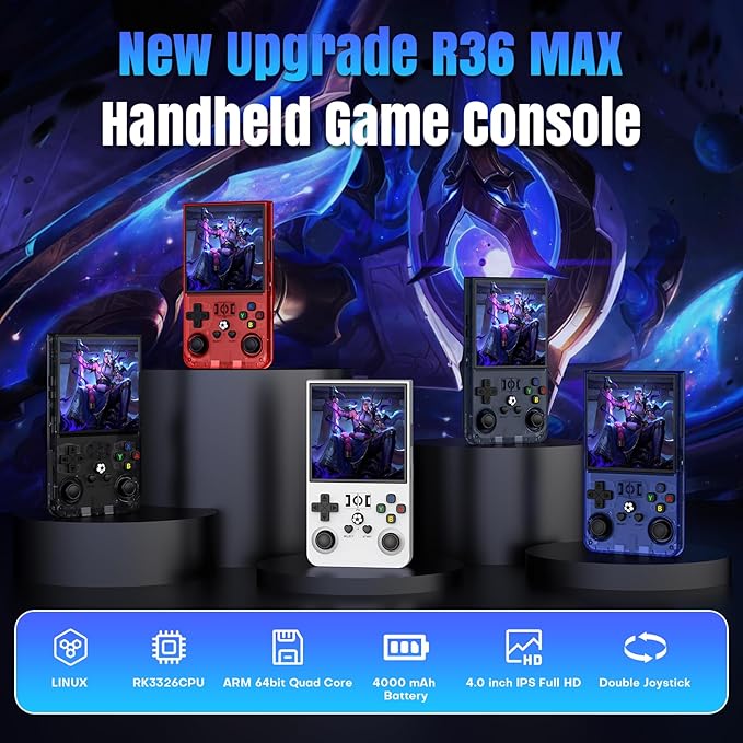 R36MAX Retro Handheld Game Console, 64GB Retro Gaming Console with 4.0 Inch Screen, Portable Video Game Consoles with 4000mAh Battery and Multiple Emulators, Open Linux System (Transparent Red)