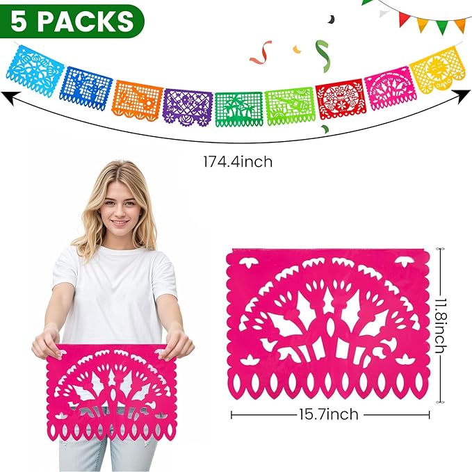 DomeStar 5PCS Mexican Party Banners, 18 Feet Plastic Fiesta Banner Cinco de Mayo Dia De Los Muertos Decor Day of the Dead Papel Picado for Mexican Party Supplies