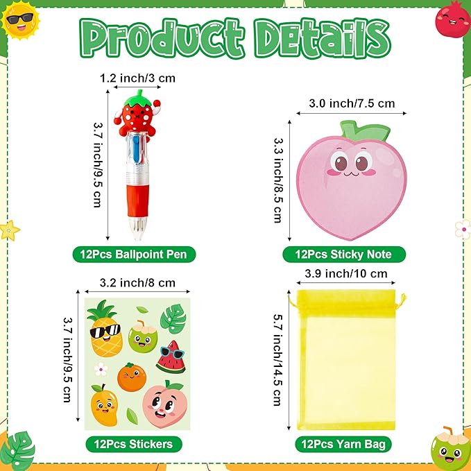 CY2SIDE Fruit Stationery Party Gift - 12 Pack Fruit Stationery Gifts Set Include 4-in-1 Ballpoint Pens Sticky Notes Stickers and Organza Tutti Party Favors Goodie Bag Fillers for School Rewards