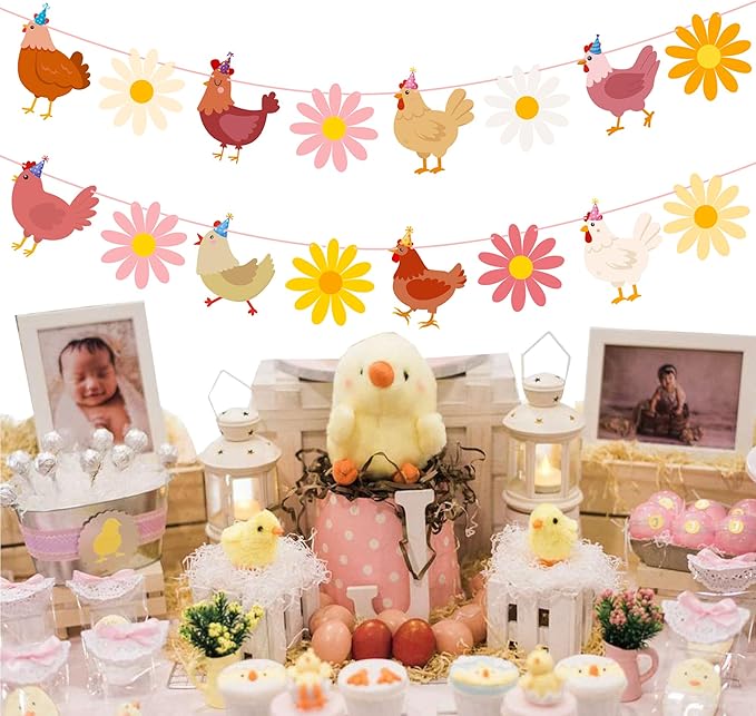Chicken and Daisy Banners Chicken Birthday Party Decorations 2PCS Chick Hen Boho Flower Cutout Banner Farm Theme Decor for The Chick is One Birthday Party Supplies