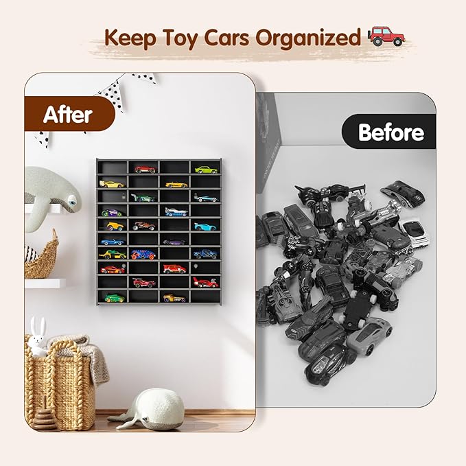 Toy Car Display Shelf, Holds 40 Diecast 1/64 Toy Cars, Wall Mount Model Car Storage Organize Case, Black