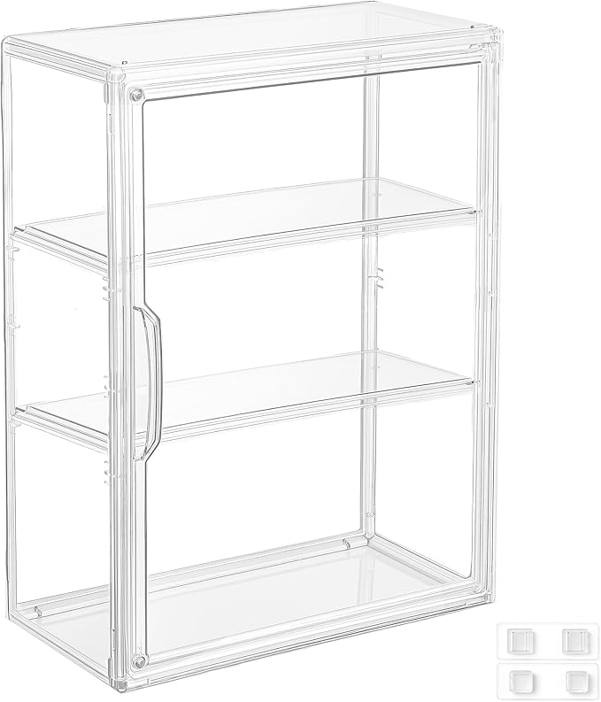 3 Tier Acrylic Display Case for Figures, Wall-Mounted Clear Storage Organizer Box with 2 Movale Plates & Magnetic Door, Display Cases for Collectibles, Action Figure