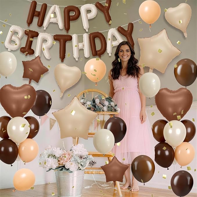 Cream Brown Birthday Decorations Boho Neutral Nude Brown Coffee Beige Apricot Sand White Balloons Happy Birthday Banner Heart Balloons 18/10 Inch Star Balloon for Women Bday Party Supplies