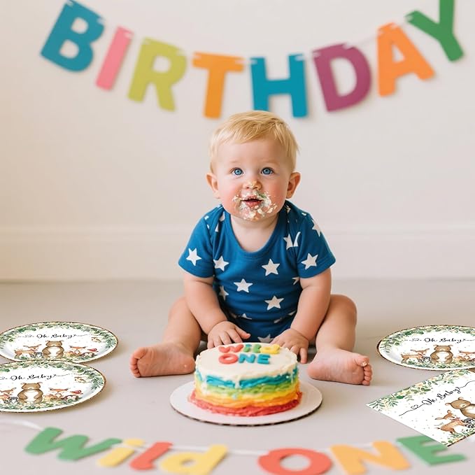 72PCS Woodland Baby Shower Plates and Napkins, Forest Animal Paper Plates and Napkins with Forks Disposable Tableware Set for Boys Girls Safari Jungle Animal Birthday Party Decorations
