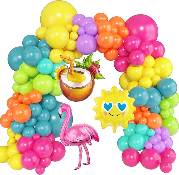 164Pcs Summer Tropical Balloon Arch Garland Kit, Rainbow Hot Pink Green Orange Blue Purple Sun Coconut Flamingo Foil Balloons for Hawaiian Luau Aloha Baby Shower Birthday Party Decorations Supplies
