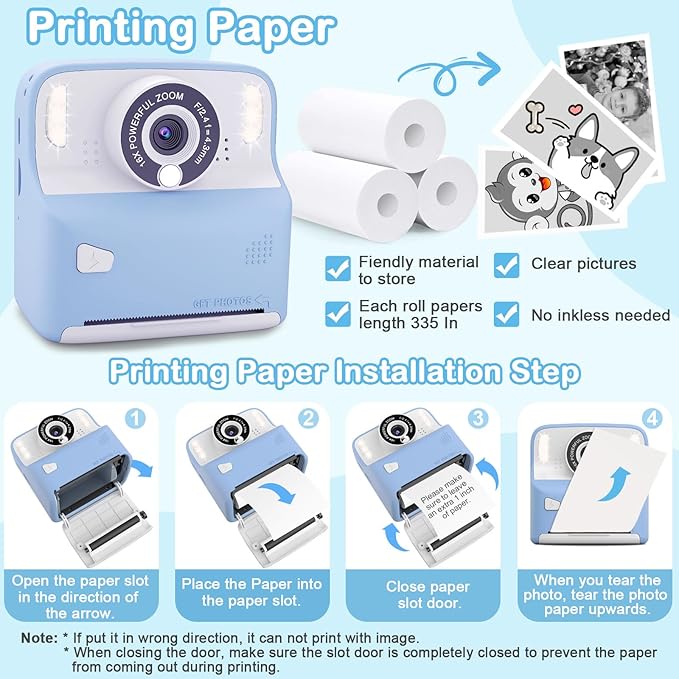 Instant Print Camera for Kids, Christmas Birthday Gifts for Age 3-12, 2.4 Inch Screen Children Selfie Digital Camera, Toddlers Portable Travel Toys for 3 4 5 6 7 8 9 10 Year Old Girls Boys (Blue)