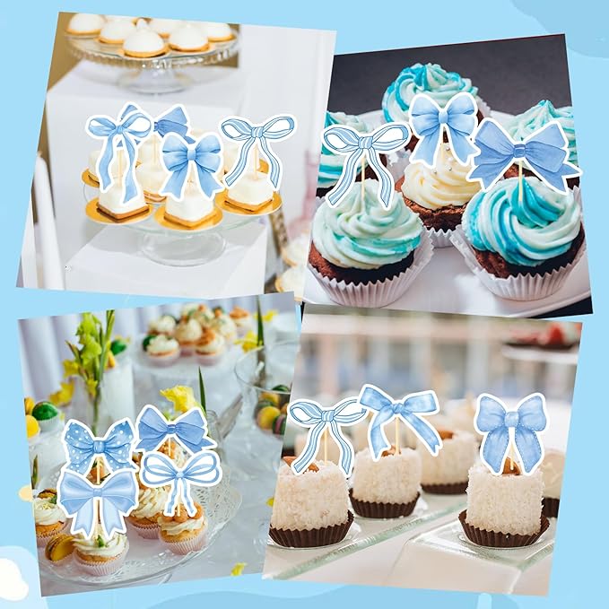 Blue Bow Cupcake Toppers Decor - Deorfuy 40PCS Blue Bow Themed Cupcake Picks Birthday Party Decorations Coquete Bday Supplies for Baby Shower