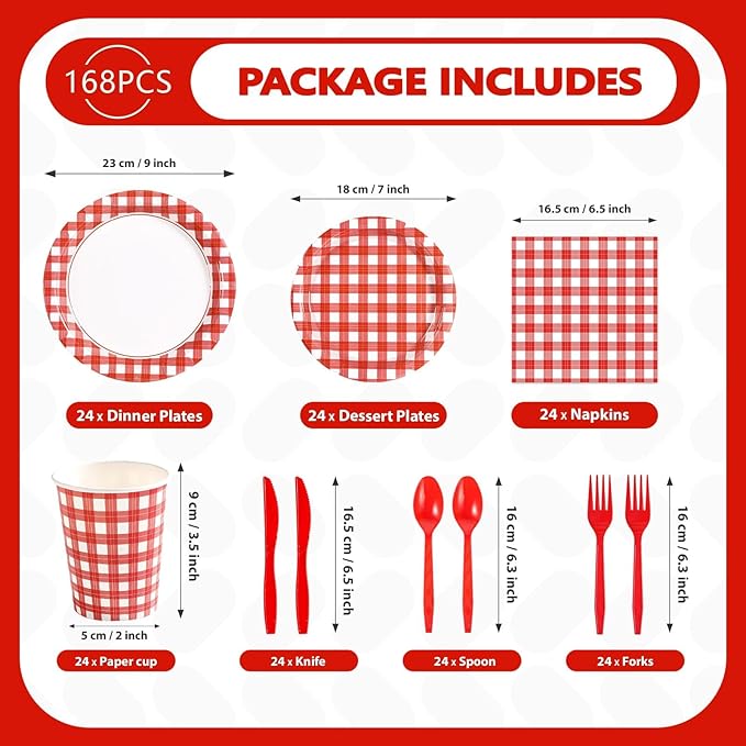 168Pcs Red Gingham Party Decorations Red and White Checkered Buffalo Plaid Plates Napkins Cups Forks Knives Spoons Tableware Set for Summer Pizza BBQ Picnic Baby Shower Birthday Party Supplies Serve24